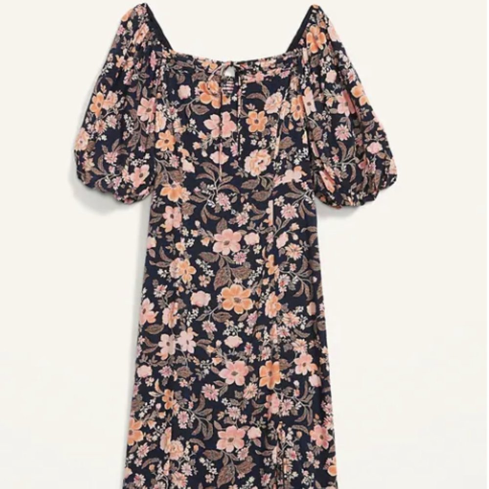 NWT Old Navy Puff-Sleeve Floral-Print Pintucked Smocked Midi Swing Dress size M